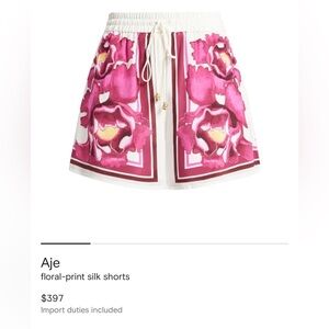 Aje White and Pink Floral Silk Shorts
